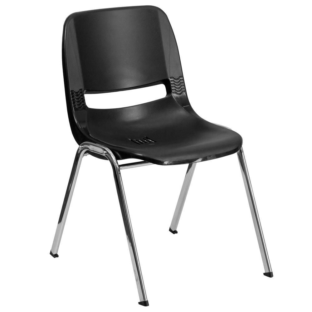 HERCULES Series 880 lb. Capacity Black Ergonomic Shell Stack Chair with Chrome Frame and 18'' Seat Height