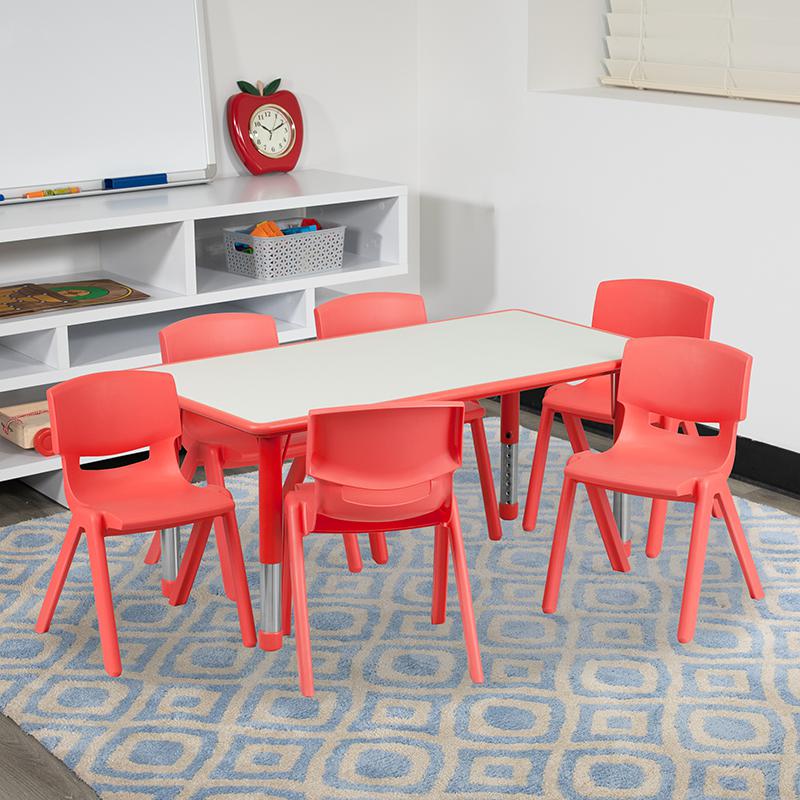 23.625''W x 47.25''L Rectangular Red Plastic Height Adjustable Activity Table Set with 6 Chairs