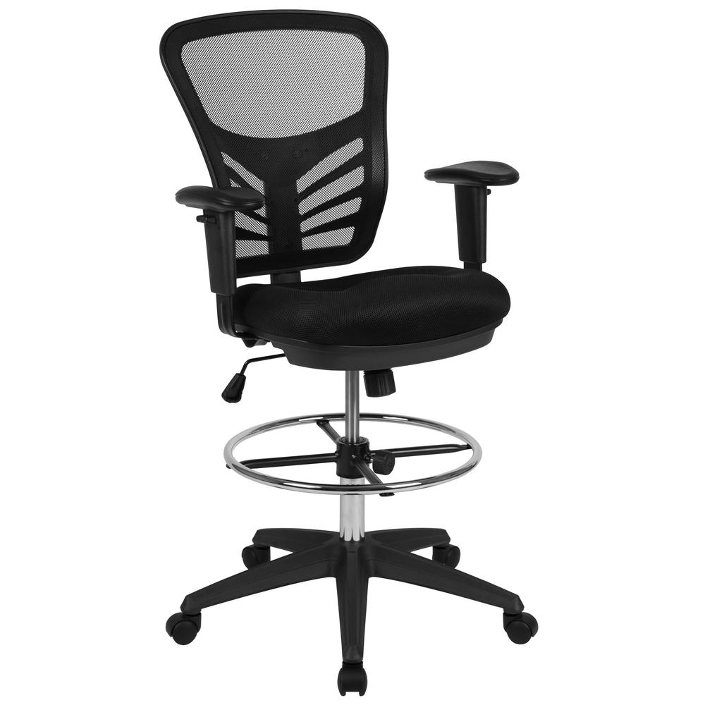 Mid-Back Black Mesh Ergonomic Drafting Chair with Adjustable Chrome Foot Ring, Adjustable Arms and Black Frame