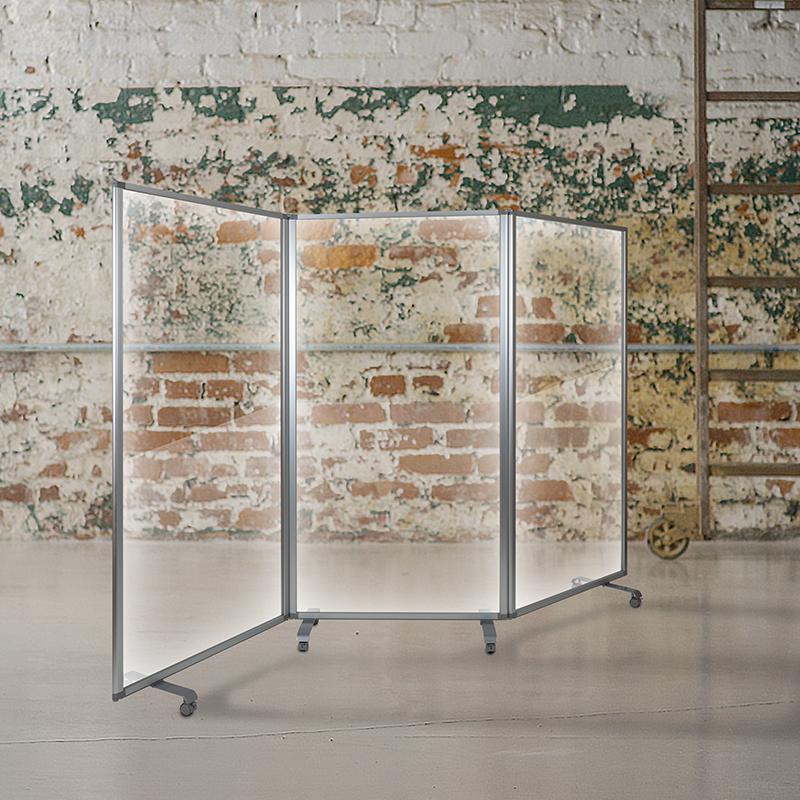 Transparent Acrylic Mobile Partition with Lockable Casters, 72"H x 36"L (3 Sections Included)