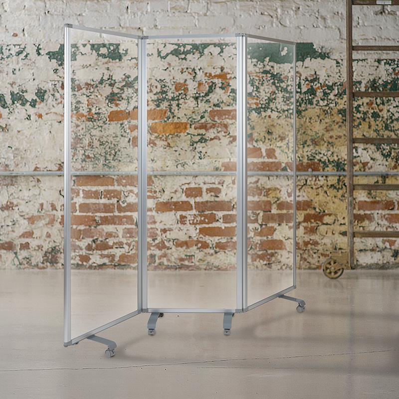 Transparent Acrylic Mobile Partition with Lockable Casters, 72"H x 24"L (3 Sections Included)