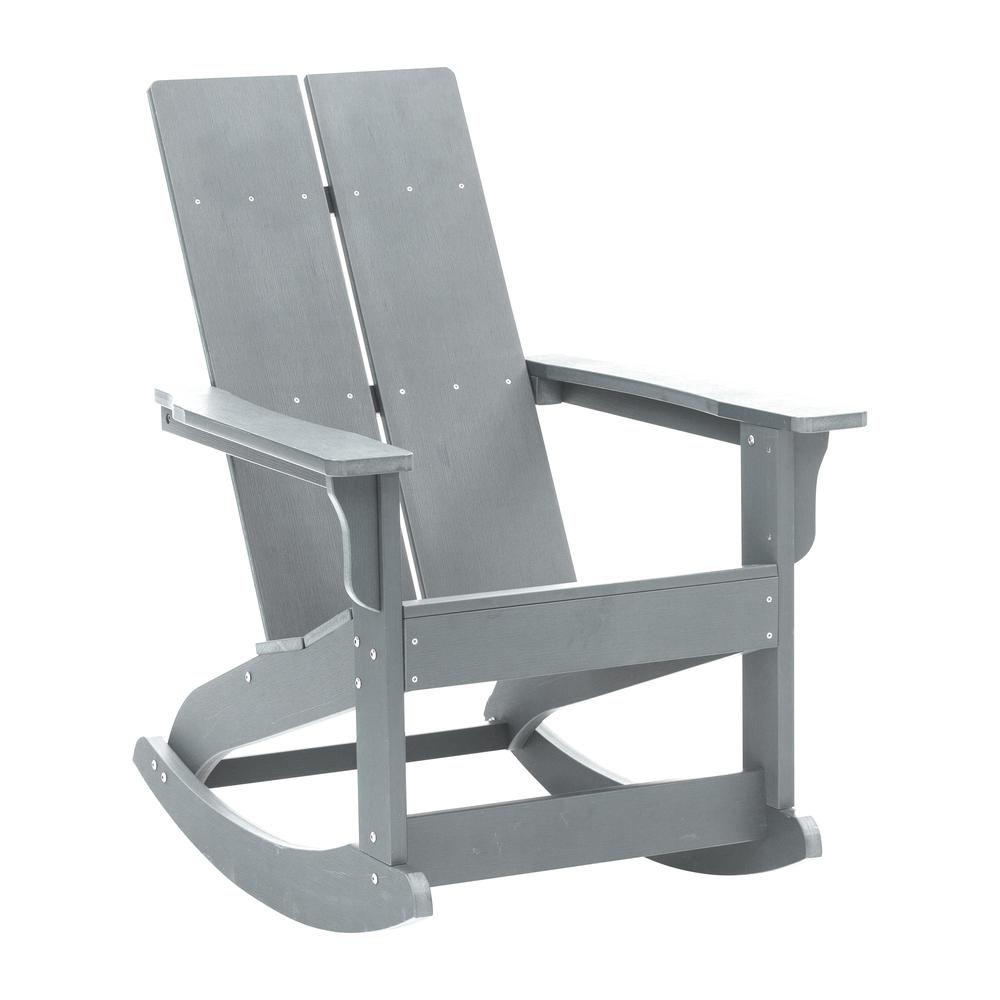 Finn Modern All-Weather 2-Slat Poly Resin Wood Rocking Adirondack Chair with Rust Resistant Stainless Steel Hardware in Gray