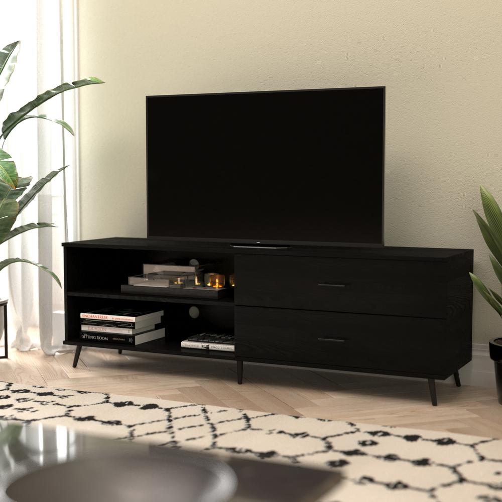 Nelson 65" Mid Century Modern TV Stand for up to 60" TV's with Adjustable Shelf and Storage Drawers, Black