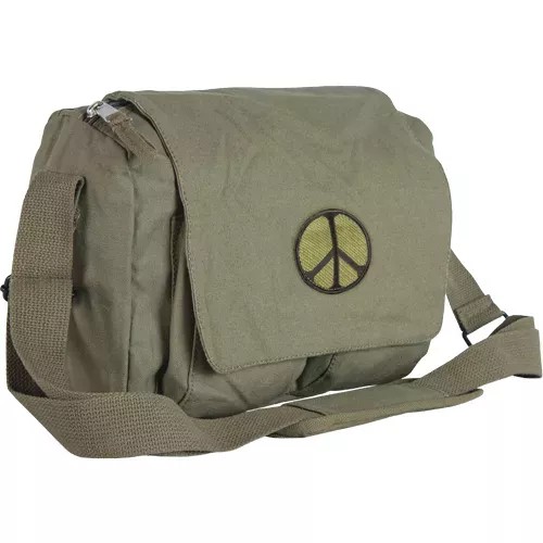 Retro Departure Shoulder Bag With Peace Emblem - Olive Drab