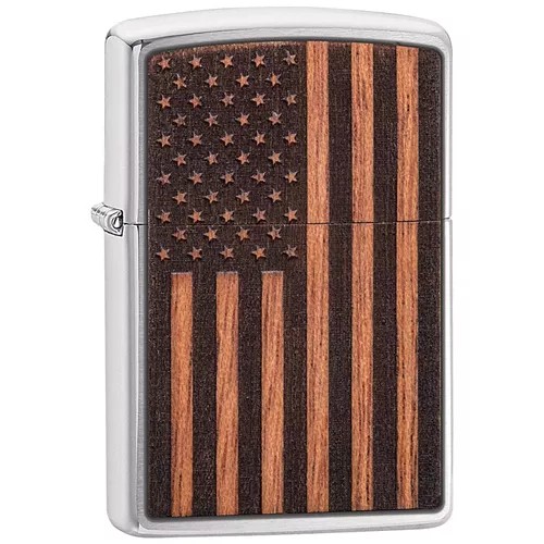 Zippo USA Flag Mahogany Wood - Brushed Chrome