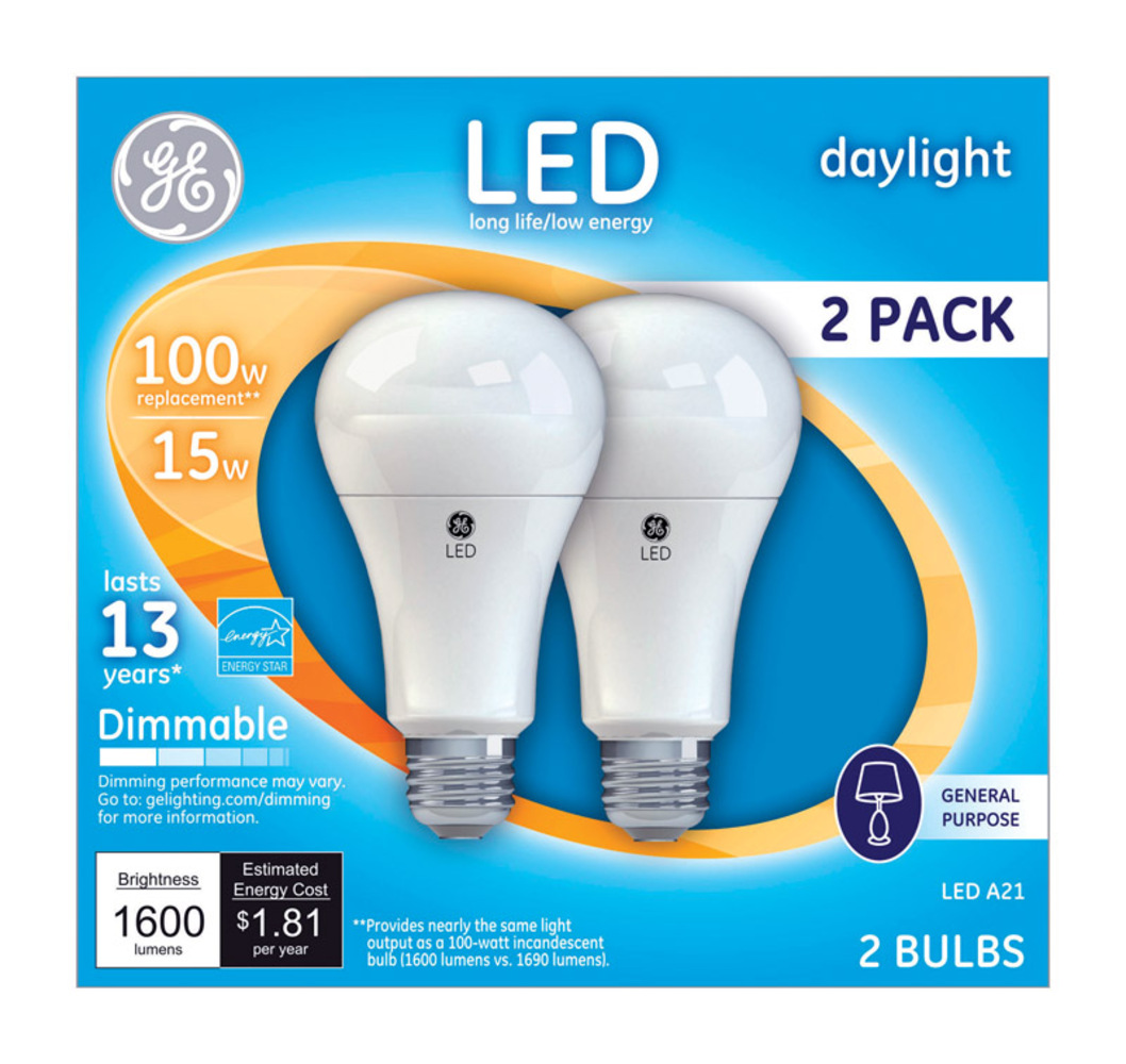 100W LED Bulbs, 15 W, A19, Daylight, 2/Pack
