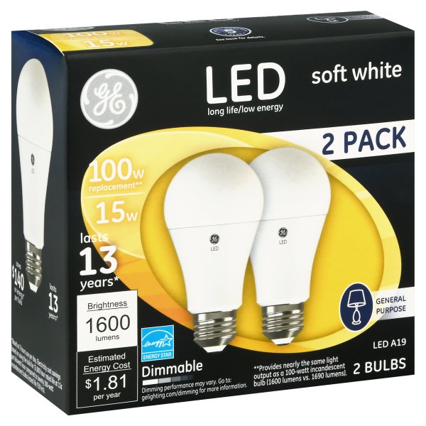 100W LED Bulbs, 15 W, A19, Soft White, 2/Pack