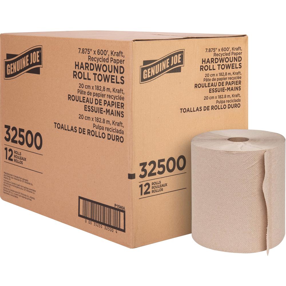 Genuine Joe Embossed Hardwound Roll Towels - 7.88" x 600 ft - Brown - Absorbent - For Restroom - 12 / Carton