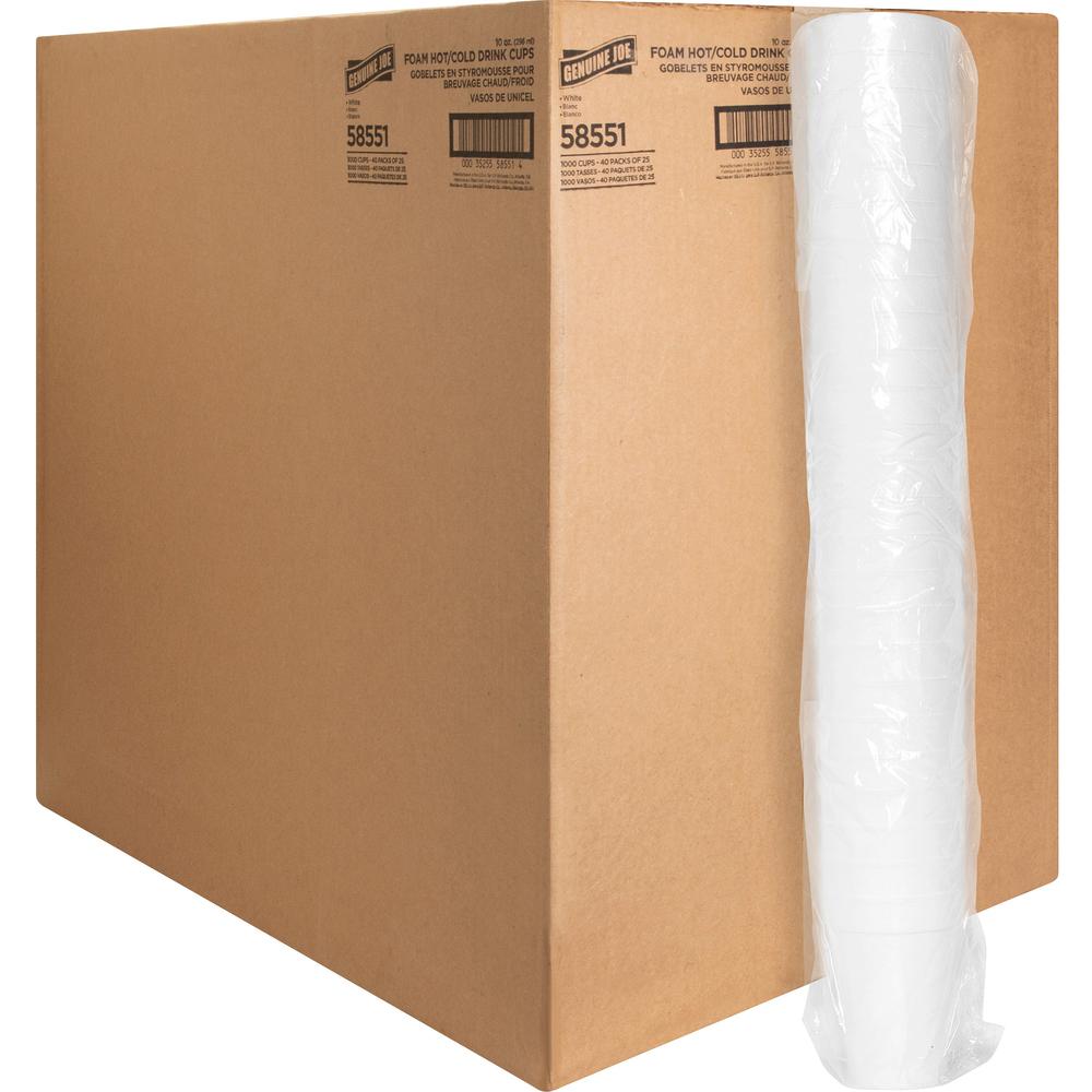 Genuine Joe Hot/Cold Foam Cups - 25 / Pack - 10 fl oz - 40 / Carton - White - Foam - Hot Drink, Cold Drink