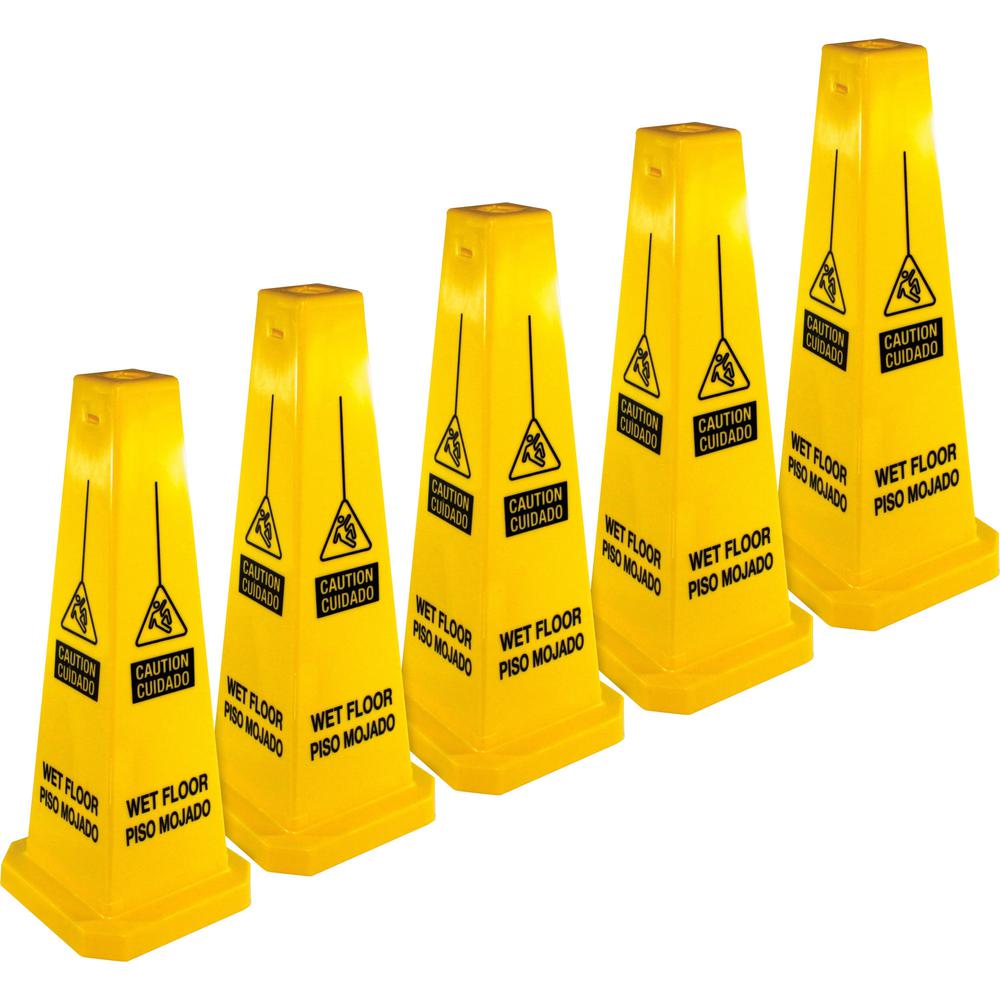 Genuine Joe Bright 4-sided Caution Safety Cone - 5 / Carton - 10" Width x 24" Height - Cone Shape - Stackable - Polypropylene - 