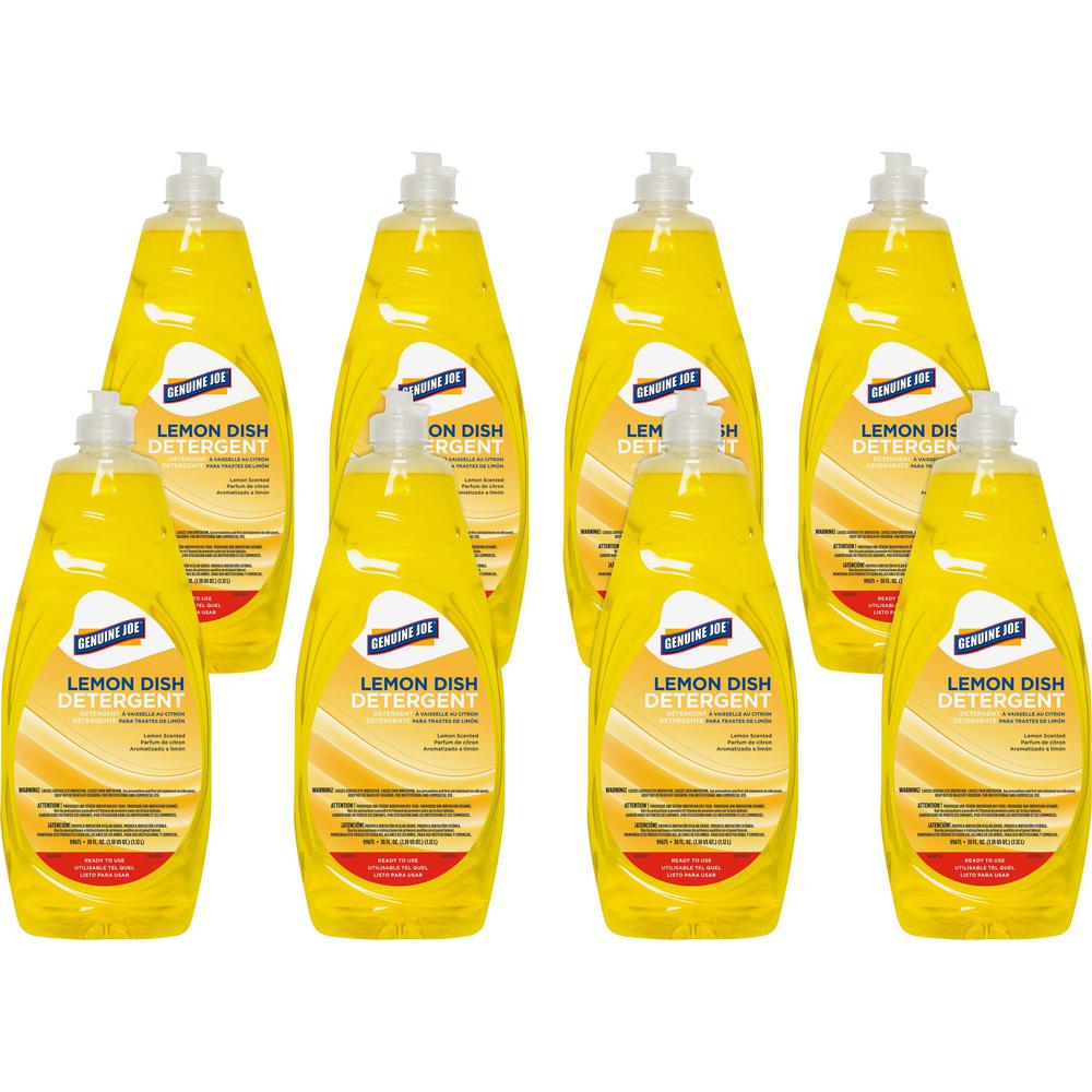 Genuine Joe Dish Detergent - Concentrate Liquid - 38 fl oz (1.2 quart) - Lemon Scent - 8 / Carton - Yellow