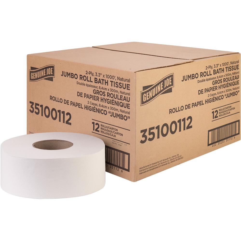 Genuine Joe Jumbo Jr Dispenser Bath Tissue Roll - 2 Ply - 3.30" x 1000 ft - 8.88" Roll Diameter - White - Fiber - Sewer-safe, Se