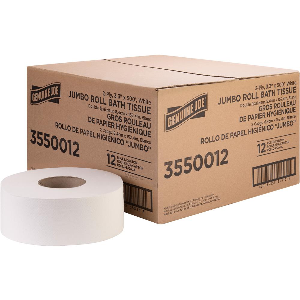 Genuine Joe Jumbo Jr Dispenser Bath Tissue Roll - 2 Ply - 3.30" x 500 ft - 8.88" Roll Diameter - White - Fiber - Sewer-safe, Sep