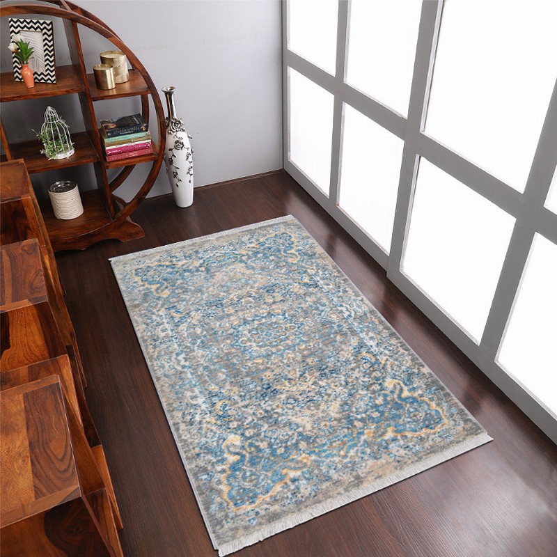 Rugsotic Carpets Machine Woven Crossweave Polyester Area Rug Oriental 5'x7'10'' Gray Blue2