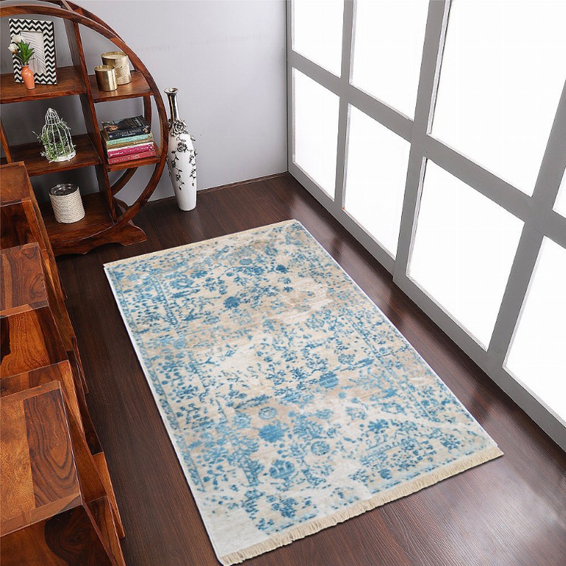 Rugsotic Carpets Machine Woven Crossweave Polyester Area Rug Oriental 1'8''x2'10'' Ivory Blue1