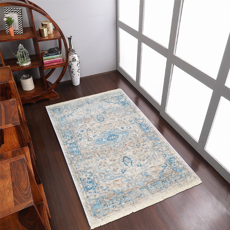 Rugsotic Carpets Machine Woven Crossweave Polyester Area Rug Oriental 5'x7'10'' Gray Blue