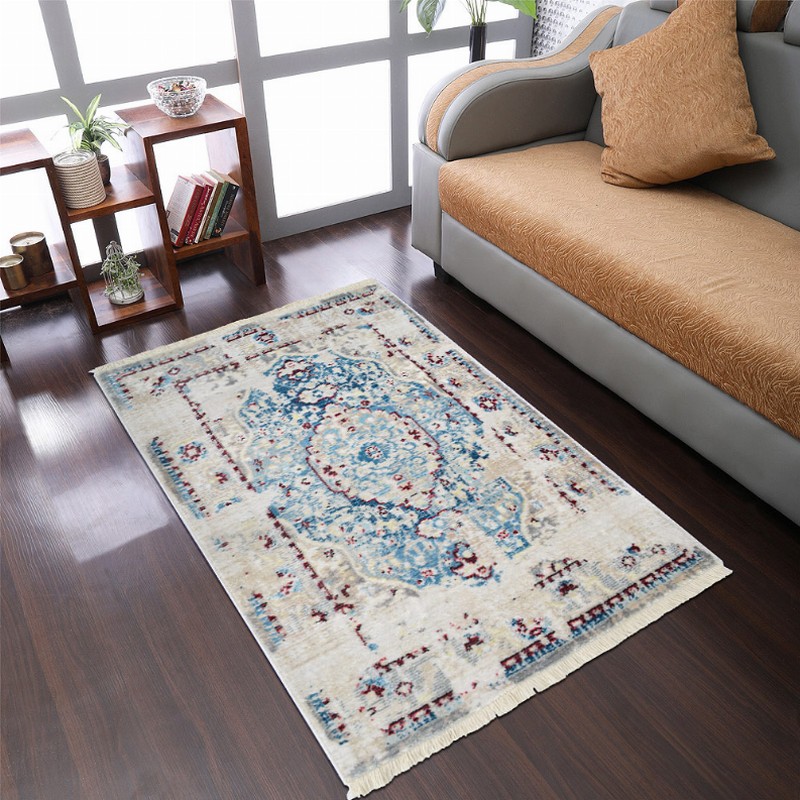 Rugsotic Carpets Machine Woven Crossweave Polyester Area Rug Oriental 4'x5'11'' Ivory Blue