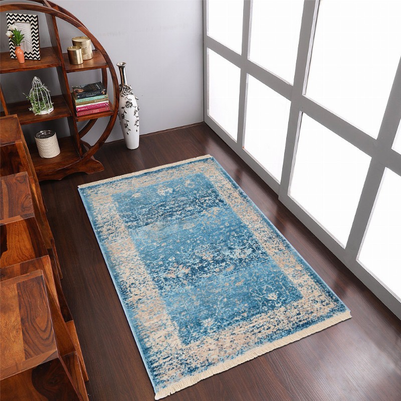 Rugsotic Carpets Machine Woven Crossweave Polyester Blue Area Rug Oriental - 9'x12' Blue4