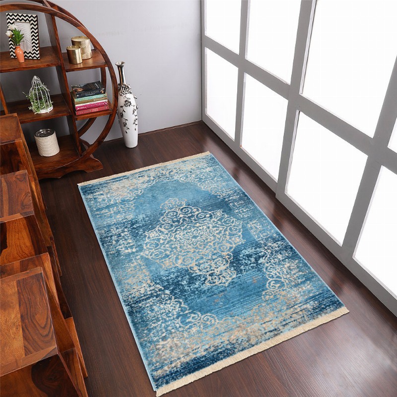 Rugsotic Carpets Machine Woven Crossweave Polyester Blue Area Rug Oriental - 3'11''x5'10'' Blue3