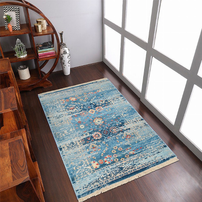 Rugsotic Carpets Machine Woven Crossweave Polyester Blue Area Rug Oriental - 4'x5'11'' Blue