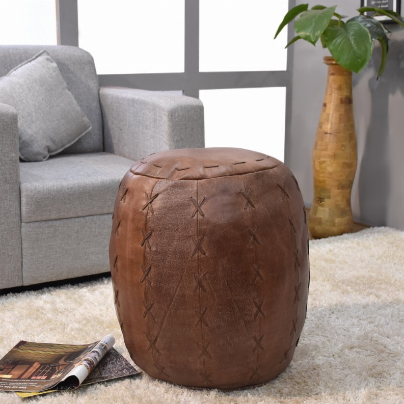 Solid Handmade Buffalo Leather Round Pouf (Recycled Foam with Fibre Fill)
