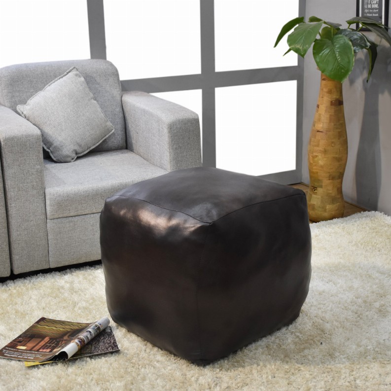 Solid Handmade Goat Leather Square Pouf (Recycled Cotton Fill) - 14x14x14 Black2