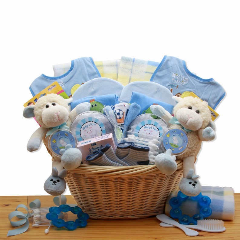 New Baby Gift Baskets - 16x16x12 inDouble Delight  Twins New Baby Gift Basket - Blue
