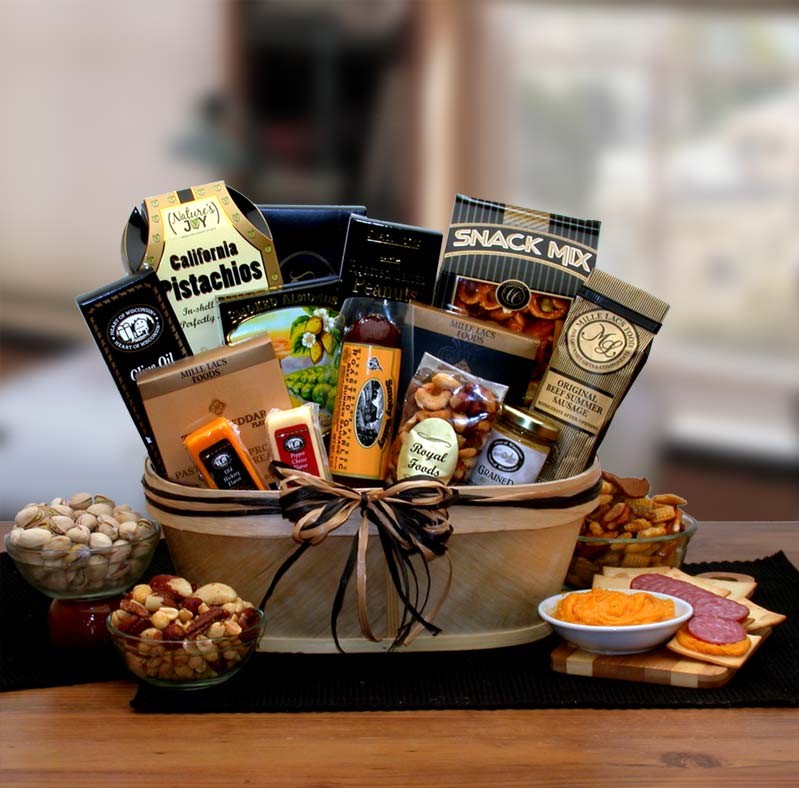 Snack Gift Baskets - 14x12x8 inGourmet Nut & Sausage Gift Basket