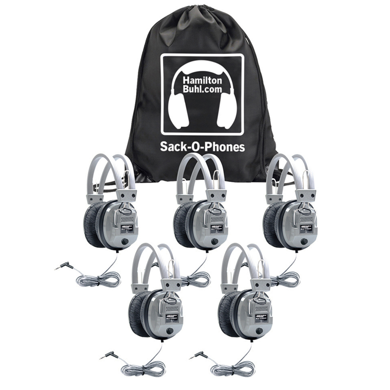 Sack-O-Phones, 5 SC7V Deluxe Headphones with Volume Control in a Carry Bag, Pack of 5