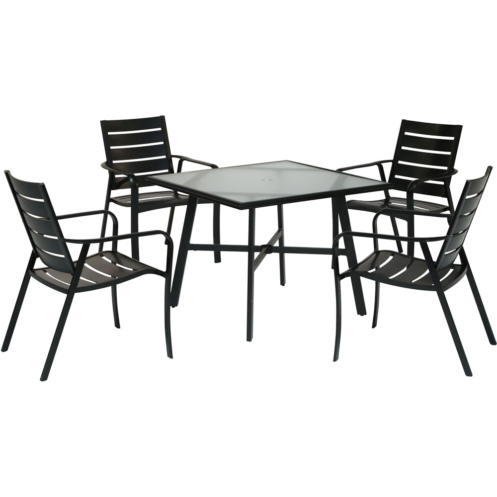Cortino 5pc Dining Set: 4 Alum Slat Dining Chairs and 1 38" Sq Glass Tbl
