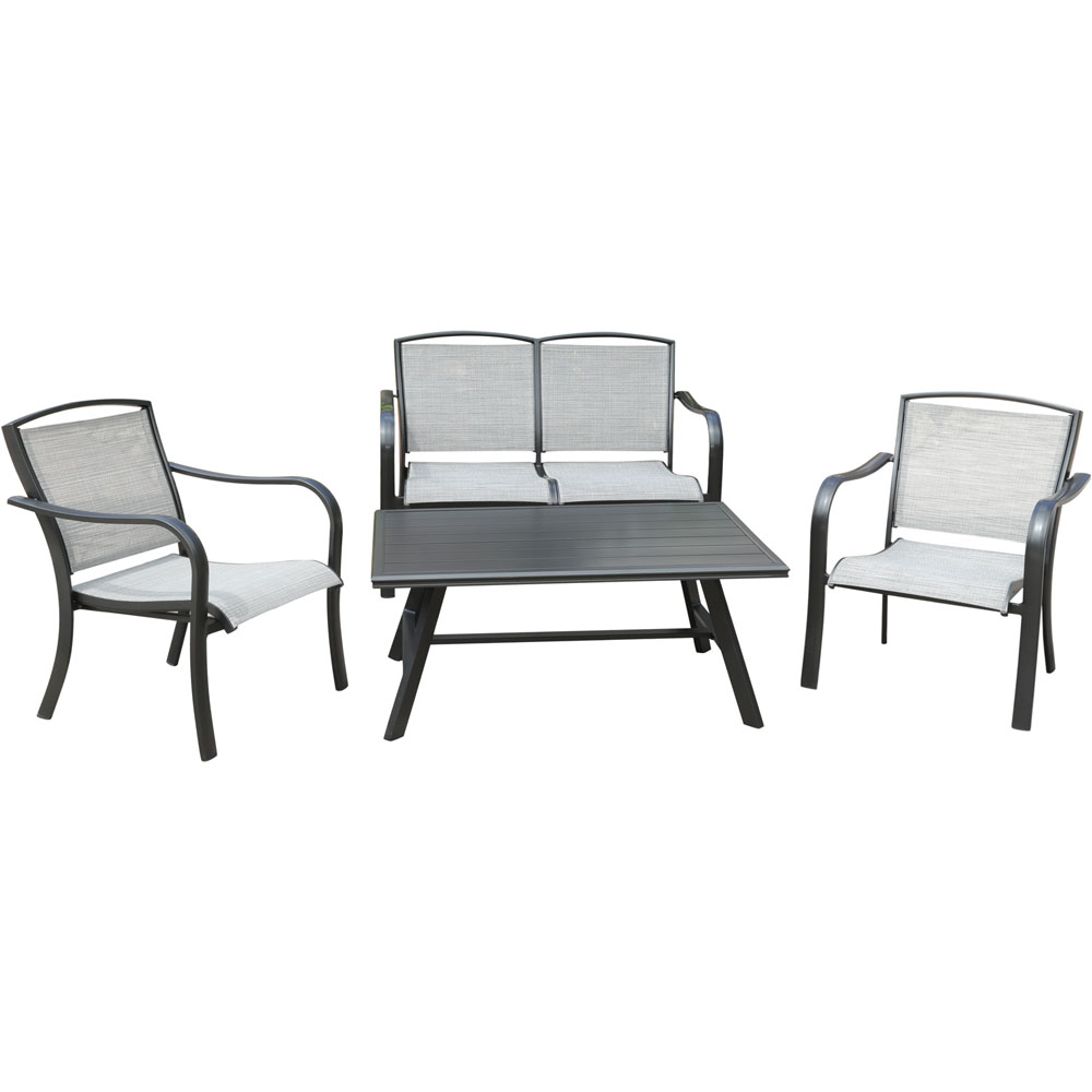 Foxhill 4pc: 2 Sling Chrs, Sling Loveseat, and Slat Coffee Table