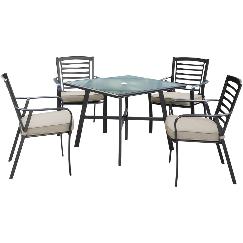 Pemberton 5pc: 4 Alum Dining Chairs w/ Cushion and 1 38" Sq Glass Tbl