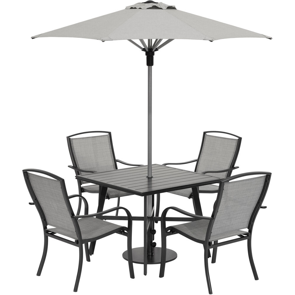 Foxhill 5pc Dining Set: 4 Sling Dining Chairs, 30" Sq Slat Tbl, Umb & Base