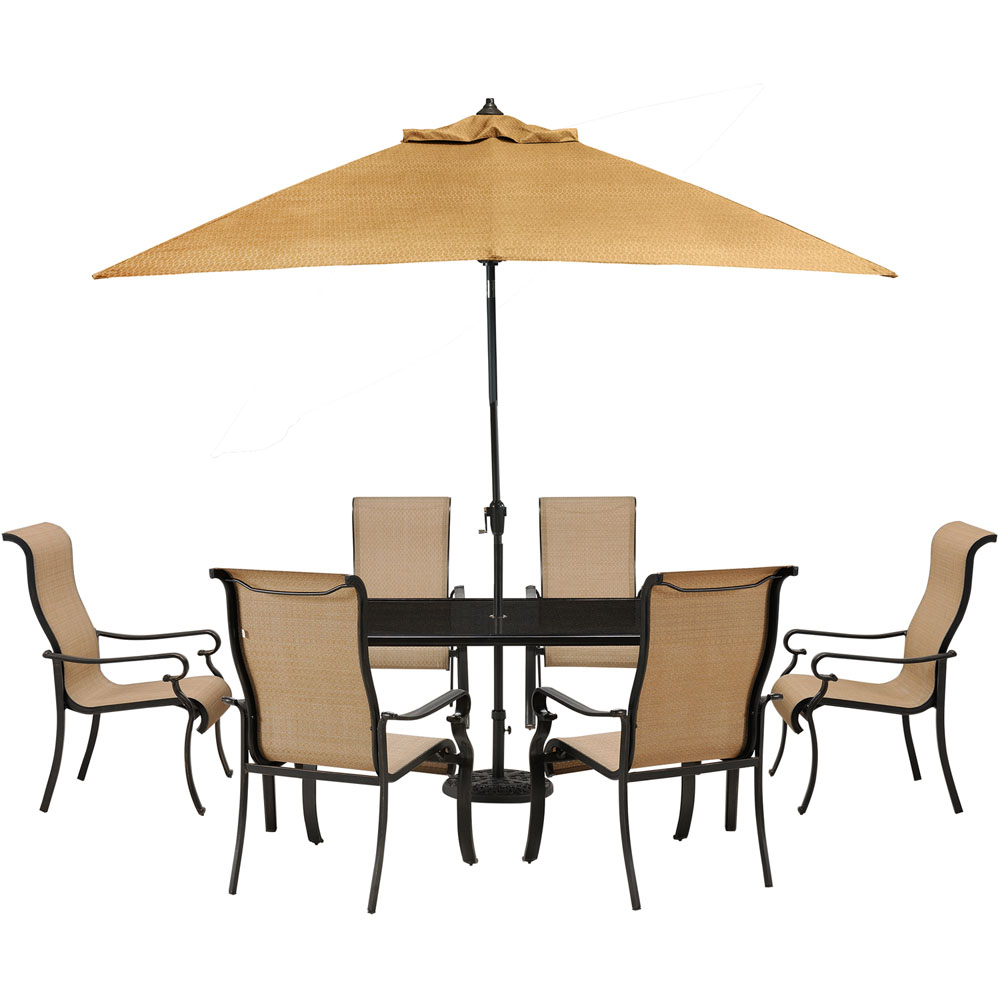 Brigantine 7-pc Dining Set: Alum. Glass Table, 6 Chr, Umbrella, Base
