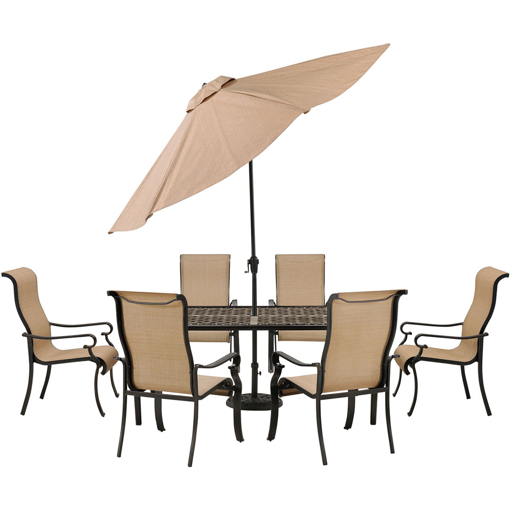 Brigantine 7-pc Dining Set: Alum. Table, 6 Chairs, Umbrella, Base