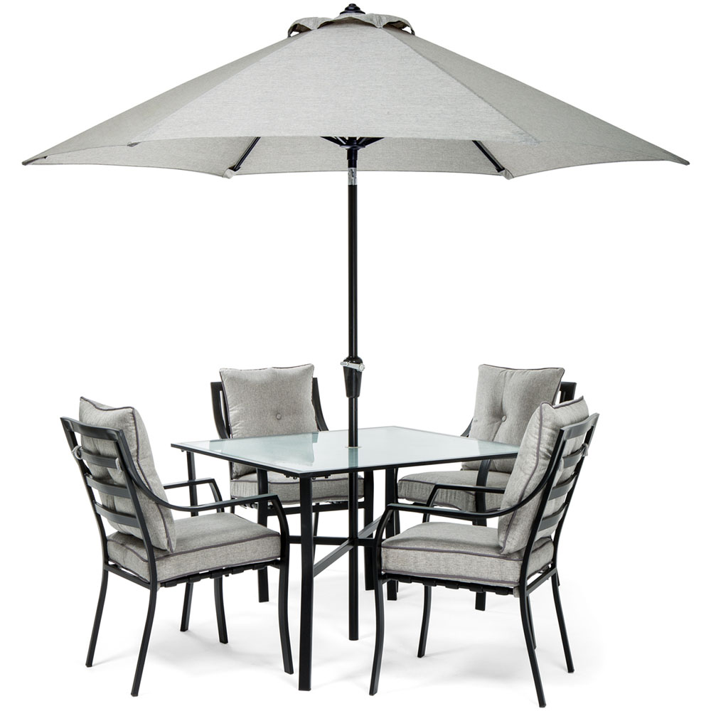 5pc Dining Set: 4 Chairs, 1 Square Table, 1 Umbrella, 1 Umb Base
