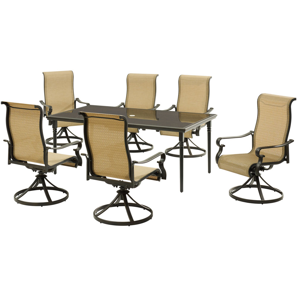 Brigantine7pc: 6 Sling Swivel Rockers, 40x70" Glass Dining Table