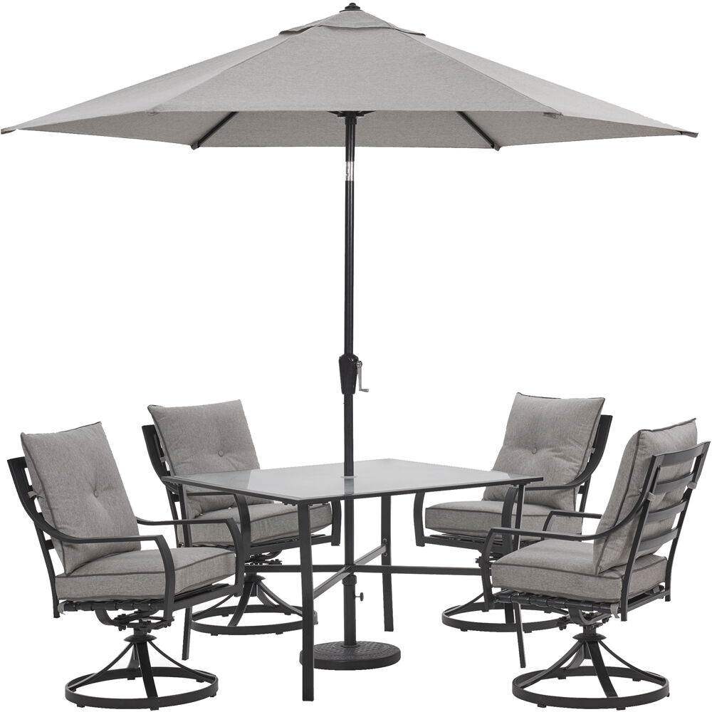 Lavallette5pc: 4 Swivel Dining Chairs, Square Glass Tbl, Umbrella & Base