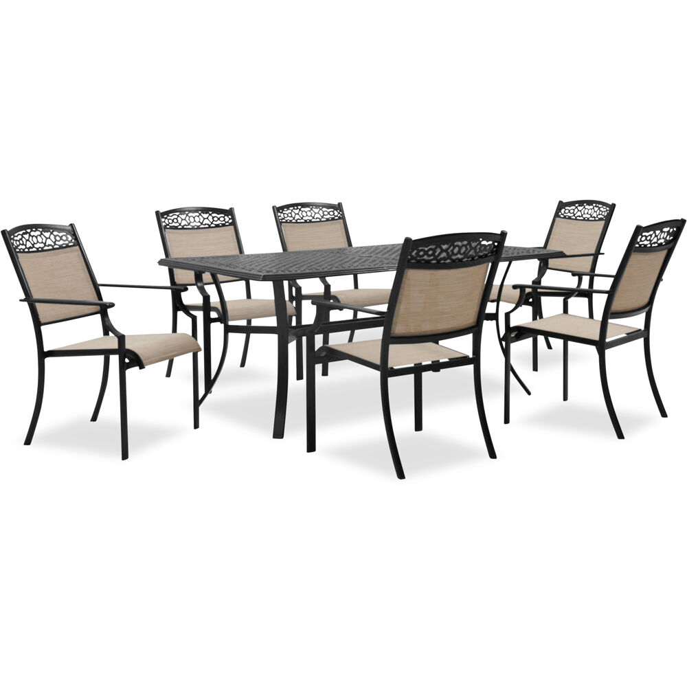 Lisbon 7pc Dining: 6 Sling Stationary Chairs and 39"x68" Cast Table