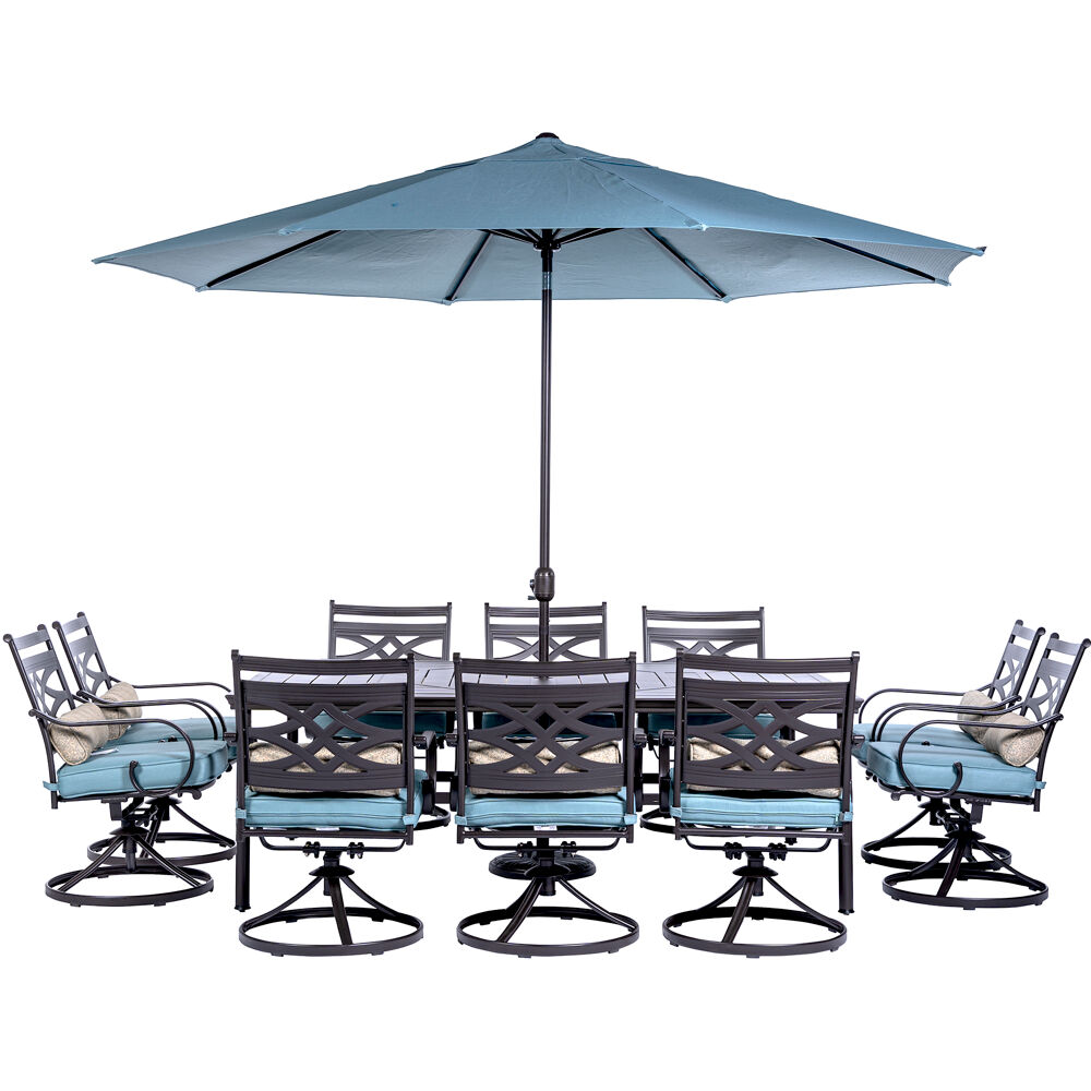 Montclair11pc: 10 Swivel Rockers, 60"x84" Table, Umbrella, Umb Base