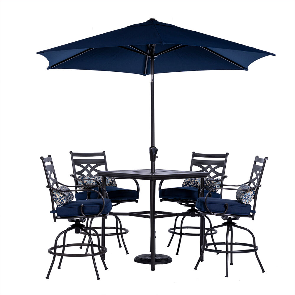 Montclair5pc High Dining: 4 Swivel Chairs, 33" Sq High Tbl, Umb & Base