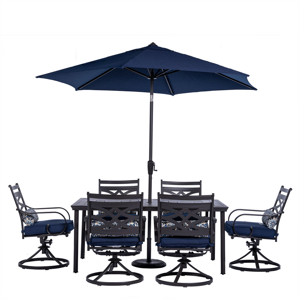 Montclair7pc: 6 Swivel Rockers, 40x66" Dining Table, Umbrella & Base