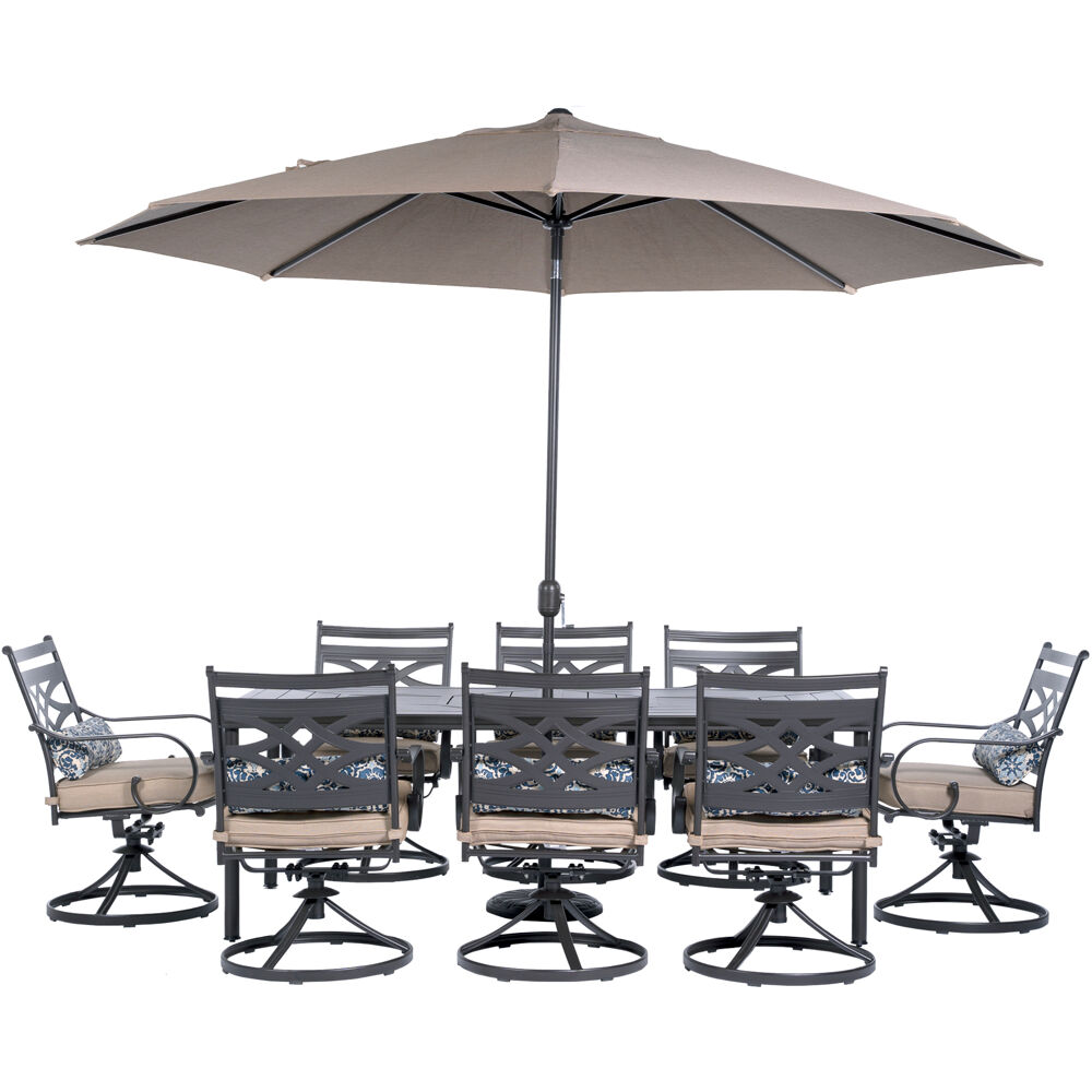 Montclair9pc: 8 Swivel Rockers, 42"x84" Dining Tbl, Umbrella, Umb Base