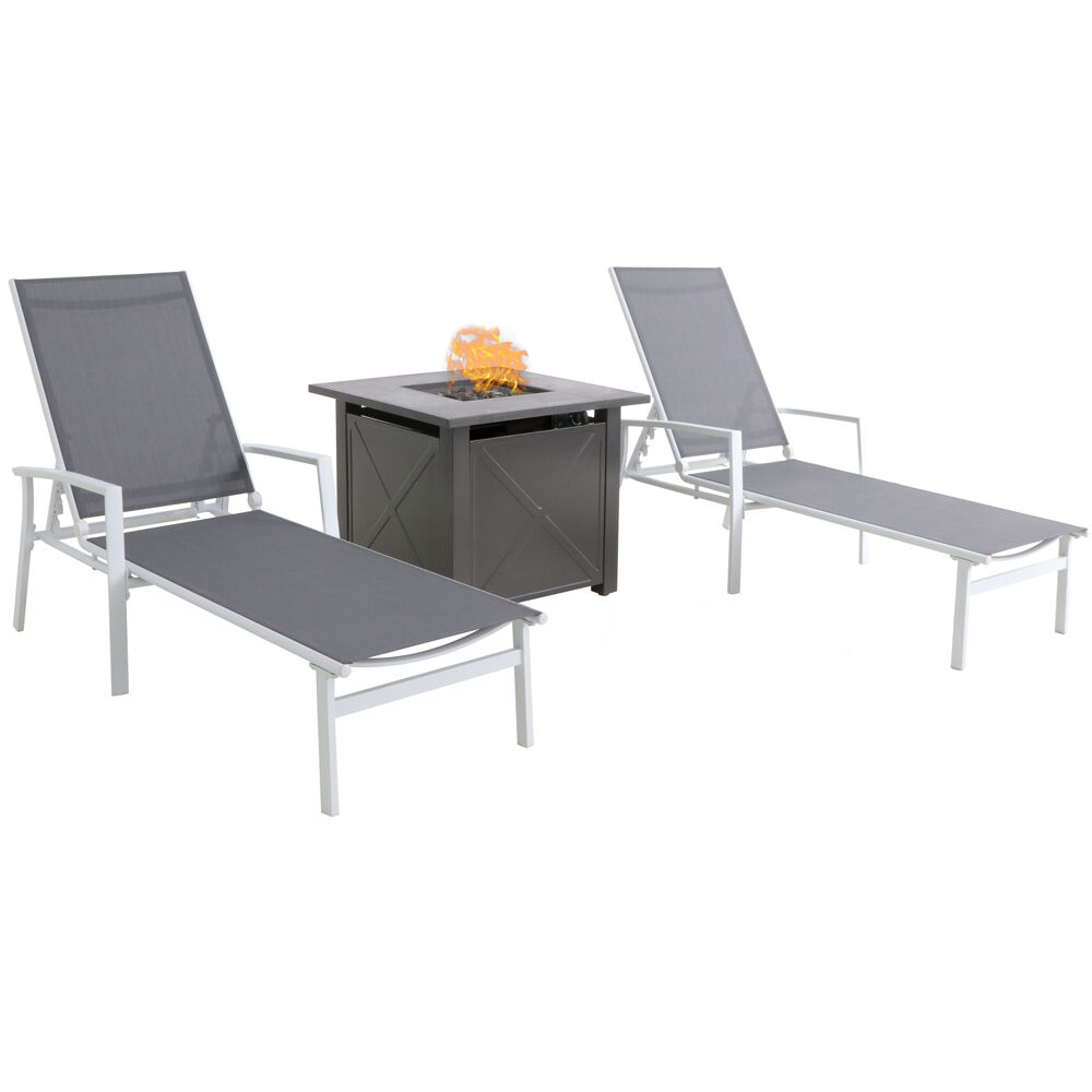 Naples 3pc Chaise Set: 2 Alum Chaise Lounges and Tile Top Fire Pit