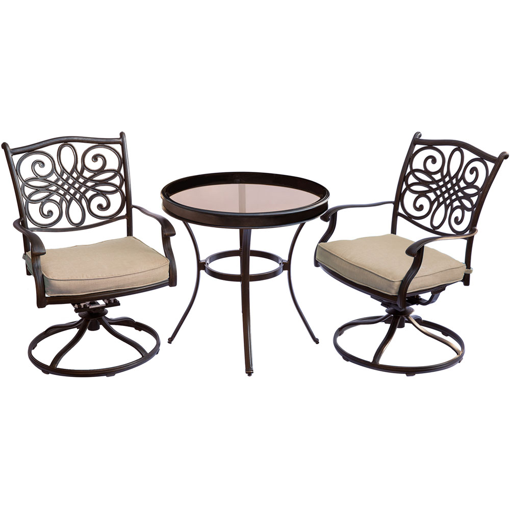 Traditions3pc: 2 Swivel Rockers, 30" Round Glass Top Table