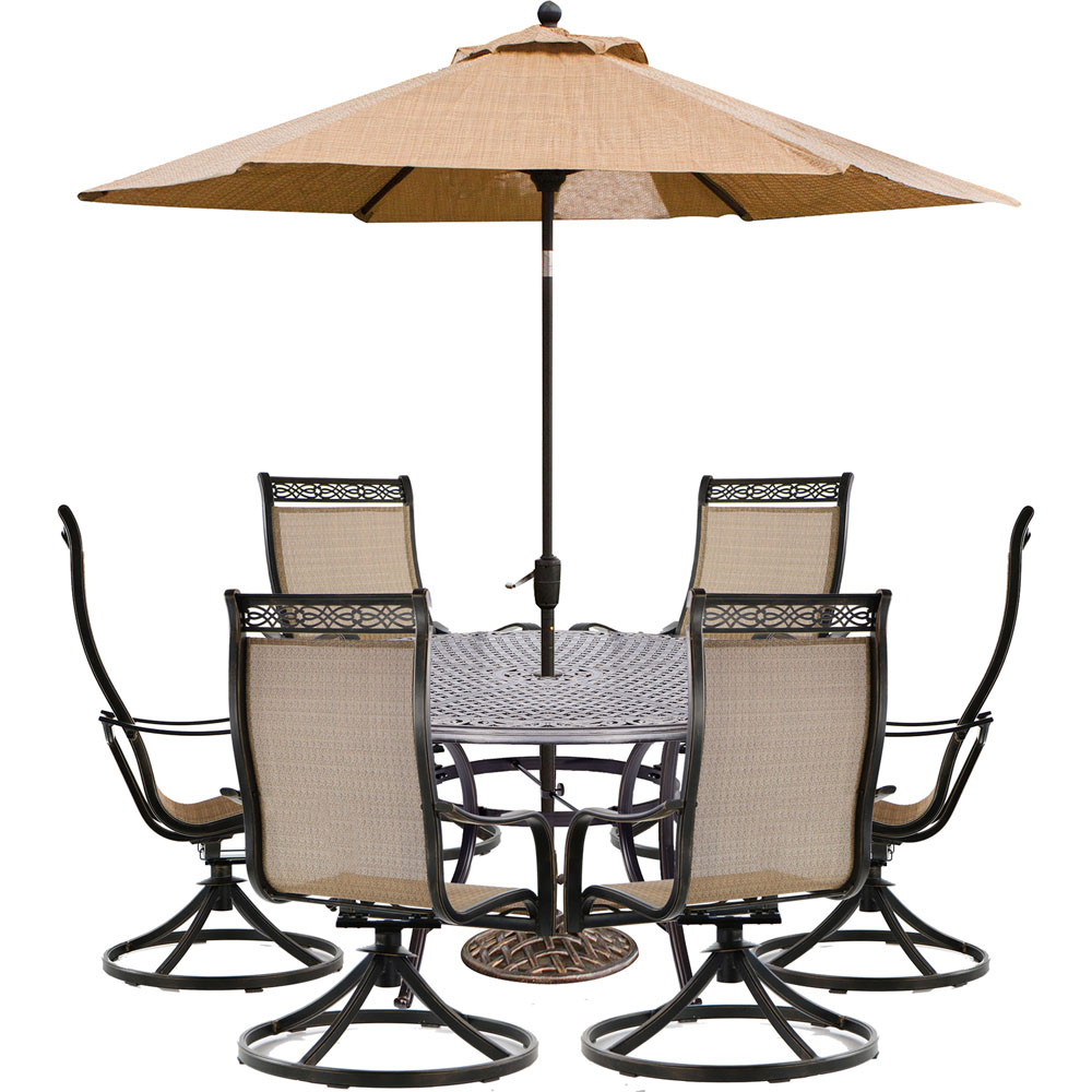 Manor7pc: 6 Sling Swivel Rockers, 60" Round Cast Table, Umbrella, Base