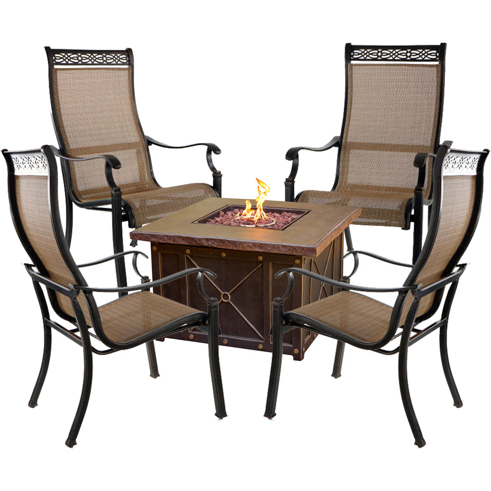 Monaco 5pc FP Set: 4 Sling Chairs and Durastone Fire Pit