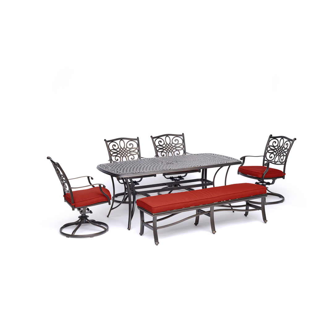 Traditions6pc: 4 Swivel Rockers, Backless Bench, 38x72" Cast Table