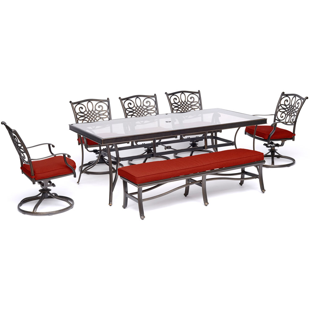 Traditions7pc: 5 Swivel Rockers, Backless Bench, 42x84" Glass Top Table