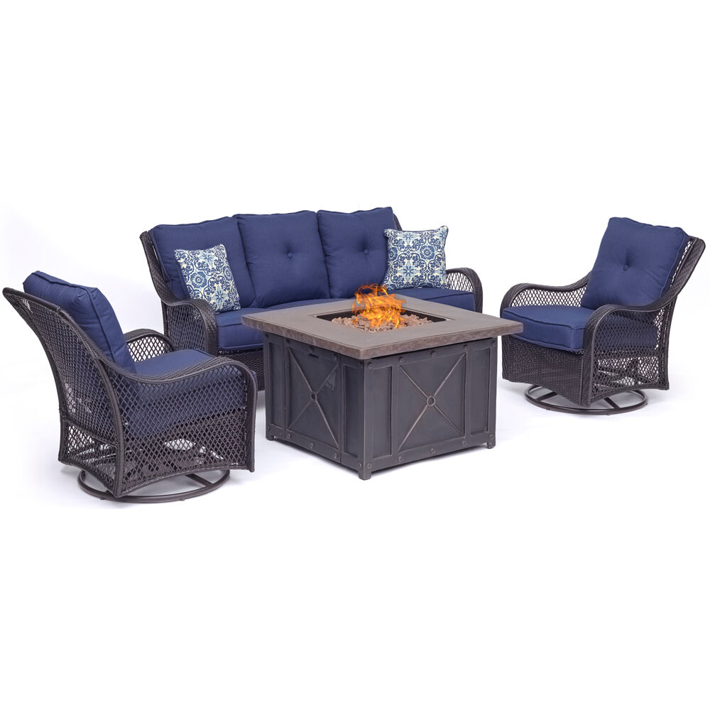 Orleans4pc Fire Pit: Sofa, 2 Swivel Gliders, and Durastone Fire Pit
